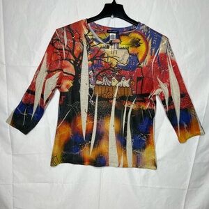 Vintage SML Sport Womens Halloween Shirt Metallic Sparkle Ghost Skeleton Top XL
